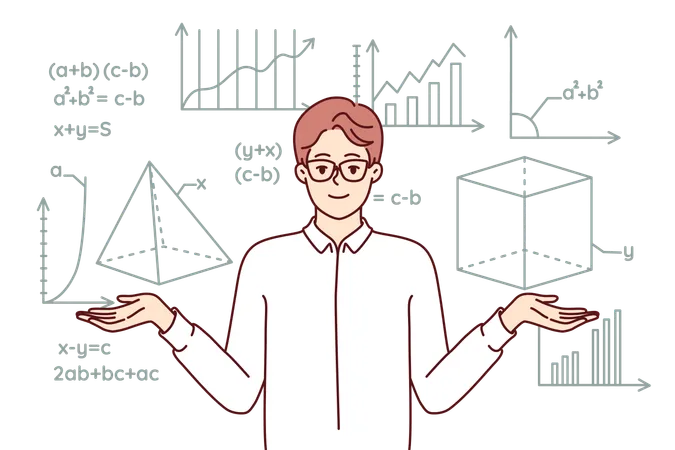 Man Mathematics Teacher Stands Near School Blackboard With Formulas And Geometric Drawings Young Smart Professor In White Shirt And Glasses Works At University Studying Science Of Mathematics Illustration