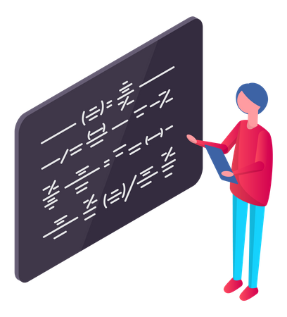 Professor teaching explaining and writing formula on chalkboard Illustration