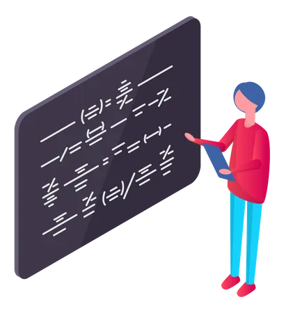 Professor teaching explaining and writing formula on chalkboard  Illustration