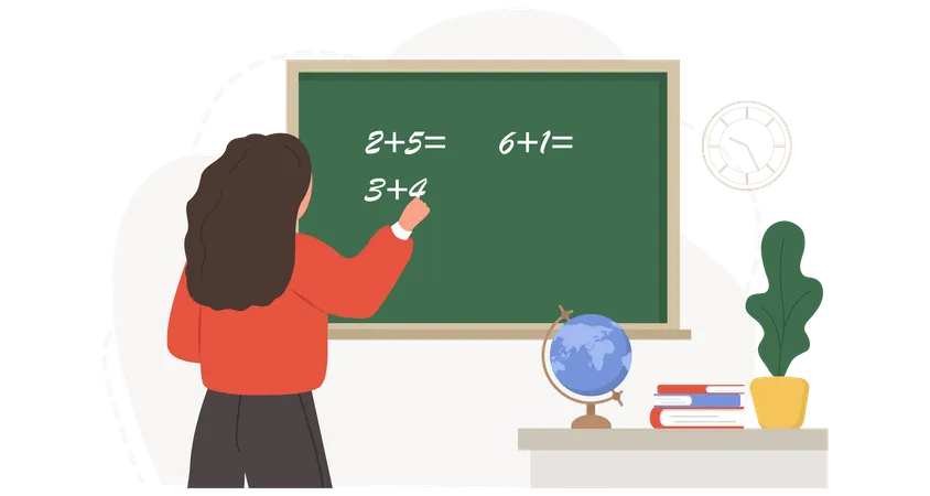 Professora ensinando matemática em sala de aula  Ilustração