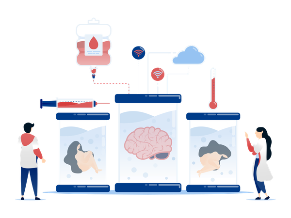 Professors And Doctors Conducting Experiments Using Cloud Technology  Illustration