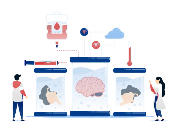 Professors And Doctors Conducting Experiments Using Cloud Technology  Illustration