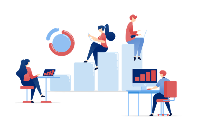 Fachleute sitzen auf Balkendiagrammen und analysieren Karriereverbesserungen und finanzielle Erfolge für zukünftige Ziele  Illustration