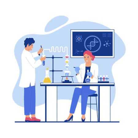 Pesquisadores cientistas profissionais trabalhando e analisando em experimentos de laboratório  Ilustração