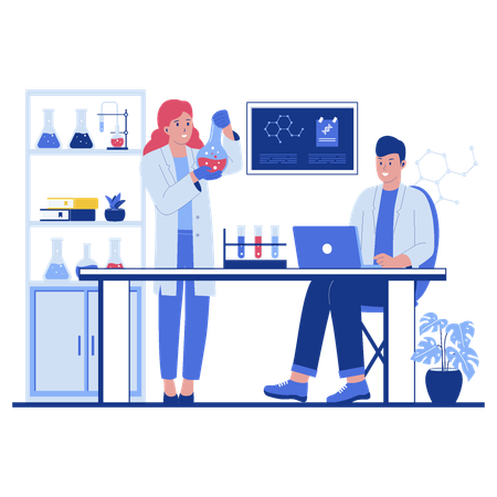 Pesquisadores cientistas profissionais trabalhando e analisando em experimentos de laboratório  Ilustração