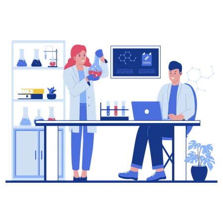 Pesquisadores cientistas profissionais trabalhando e analisando em experimentos de laboratório  Ilustração