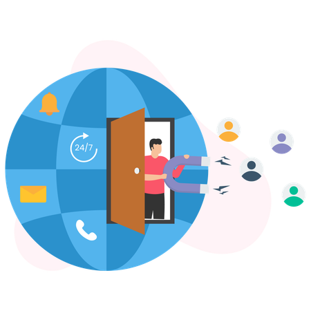Profissional de marketing atrai clientes em todo o mundo usando um grande ímã e ferramentas de marketing digital  Ilustração
