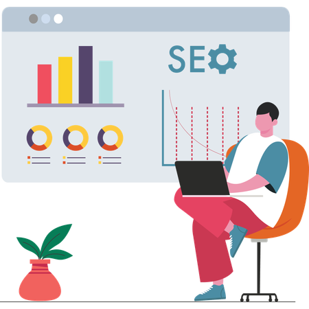 Profissional de marketing de conteúdo desenvolvendo plano de conteúdo com foco em SEO  Ilustração