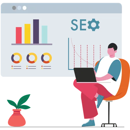 Profissional de marketing de conteúdo desenvolvendo plano de conteúdo com foco em SEO  Ilustração