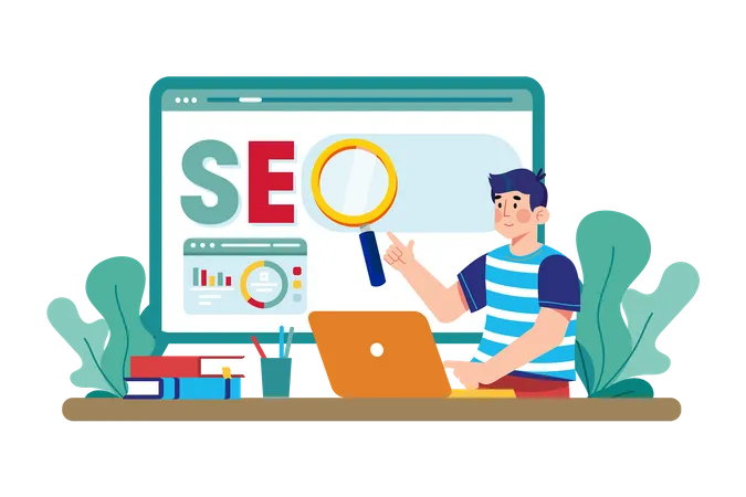 Profissional de marketing digital criando uma estratégia de SEO para um novo site  Ilustração