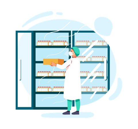 Profissional de saúde colocando vacina no congelador  Illustration