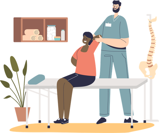 Osteopata masculino profissional fazendo massagem para mulher sentada na mesa.  Ilustração