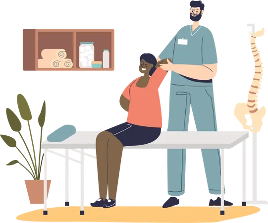 Osteopata masculino profissional fazendo massagem para mulher sentada na mesa.  Ilustração