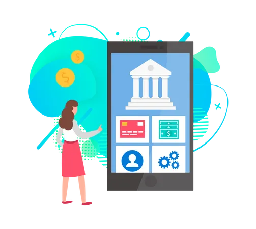 Business Application Layout Program For Online Banking And The Bank Operations Flat Vector Illustration Phone Screen With A Businesswoman Transferring Funds And Making Transactions With Money Illustration