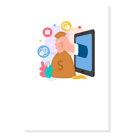 Business Application Layout Program For Online Loans And Deposits In The Bank Vector Illustration A Hand From The Phone Holds A Bag Of Money Carrying Out Lendings Of Money Via The Internet Illustration