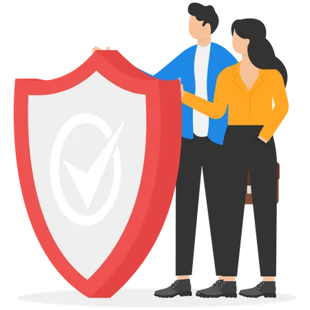 Program team and shield covering from attacks  Illustration