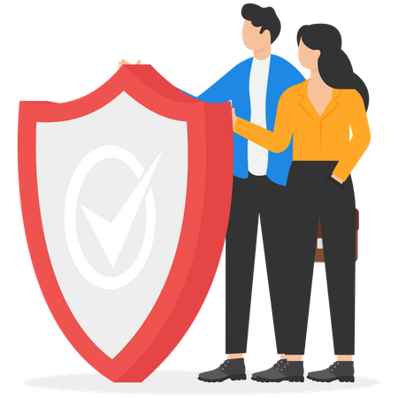 Program team and shield covering from attacks  Illustration