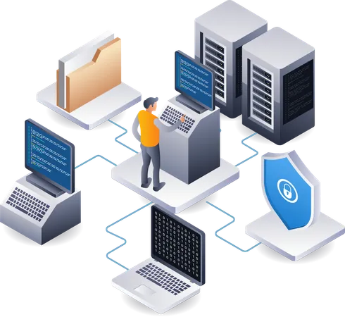 Programa de segurança que hospeda tecnologia de servidor de dados em nuvem  Ilustração