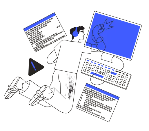 Administrador De Sistemas O Ingeniero Trabajando En Una Computadora O Reparando Una PC Programador Que Busca Malware O Errores En Software O Programa Ilustracion De Moda En Un Estilo De Esquema Simple Para Ui O Diseno Web Ilustración