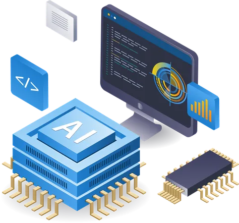 Programador de computador com produto de inteligência artificial  Ilustração