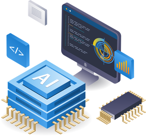 Programador informático con producto de inteligencia artificial.  Illustration