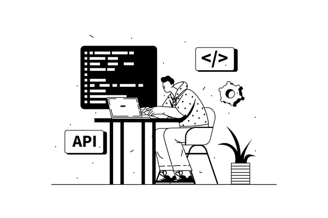 Programador escreve código usando API  Ilustração