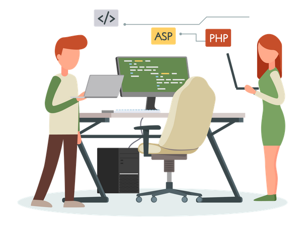 Programador masculino y femenino trabajando juntos  Ilustración