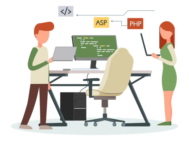 Programador masculino y femenino trabajando juntos  Ilustración