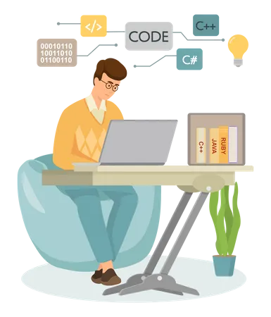 Programador masculino trabalhando em desenvolvimento web  Ilustração