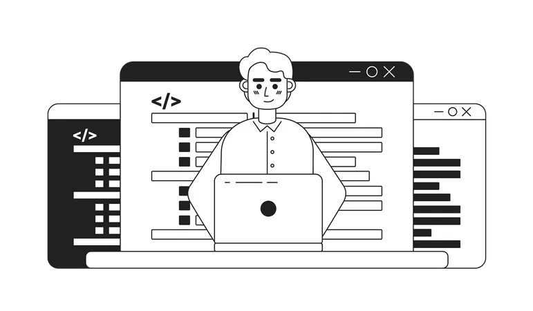 Programador masculino trabalhando no laptop  Ilustração