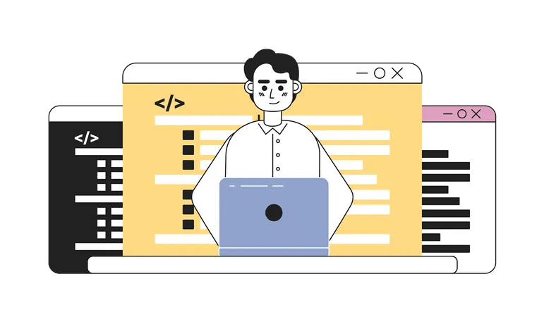 Programador masculino trabalhando no laptop  Ilustração