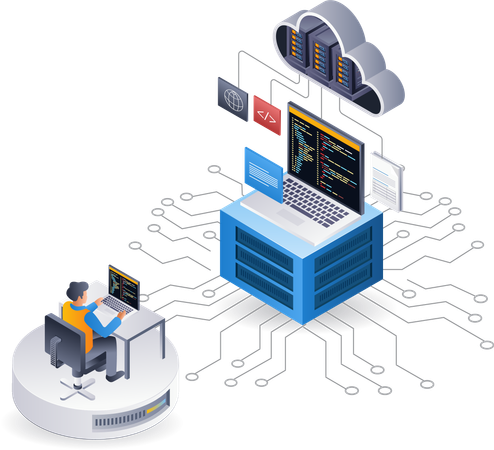 Programador mantém servidor de nuvem de tecnologia  Illustration