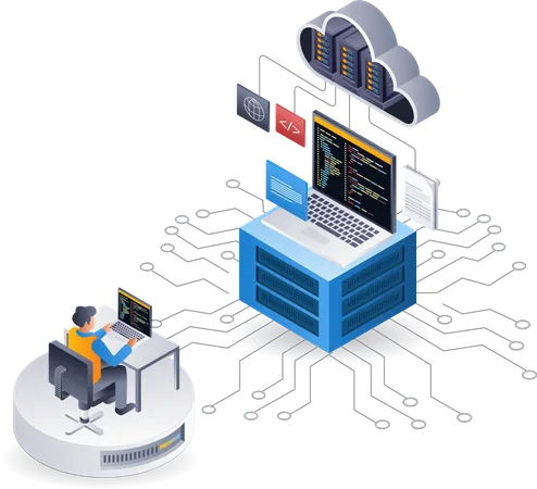 Programador mantém servidor de nuvem de tecnologia  Illustration