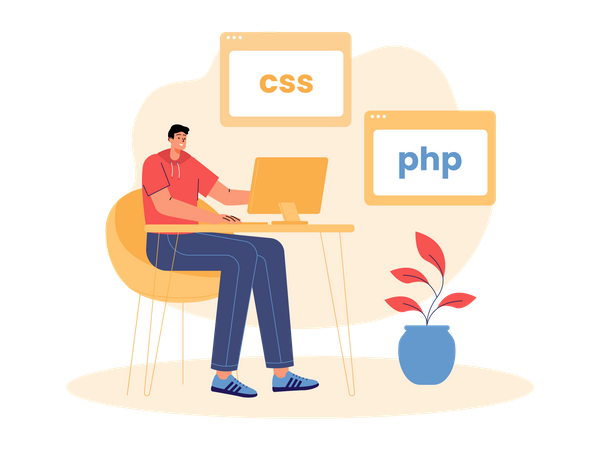 Programador masculino desarrollando sitio web en la oficina  Ilustración