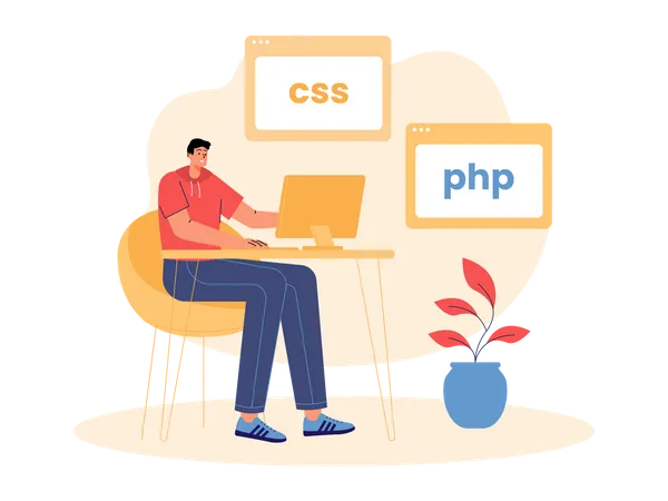 Programador masculino desarrollando sitio web en la oficina  Ilustración