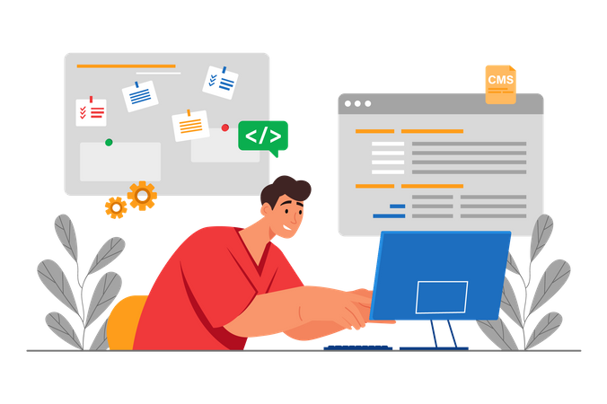 Programador masculino trabajando en computadora  Ilustración