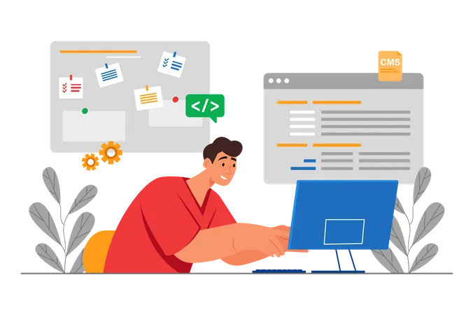 Programador masculino trabajando en computadora  Ilustración