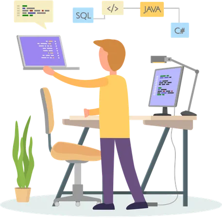 Programador masculino trabajando en desarrollo web  Ilustración