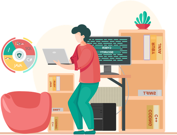 Programador masculino trabajando en desarrollo web en computadoras  Ilustración