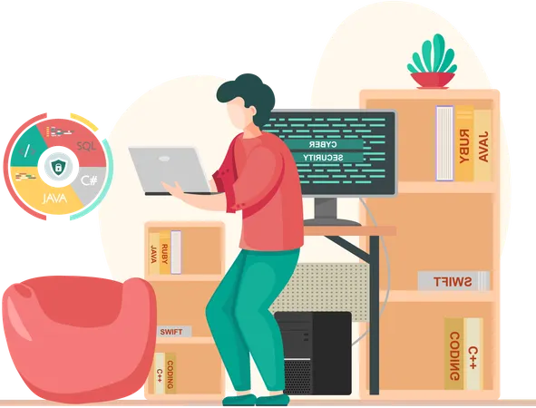 Programador masculino trabajando en desarrollo web en computadoras  Ilustración