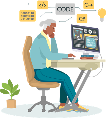 Programador masculino trabajando en desarrollo web en computadoras  Ilustración