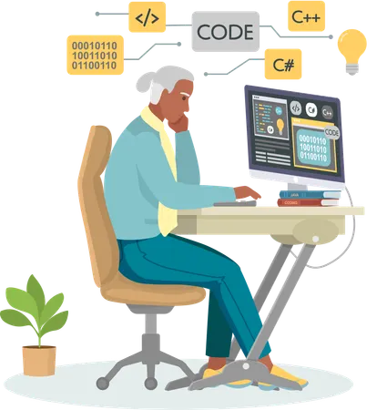 Programador masculino trabajando en desarrollo web en computadoras  Ilustración