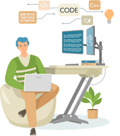 Programador masculino trabajando en desarrollo web en una computadora portátil  Ilustración