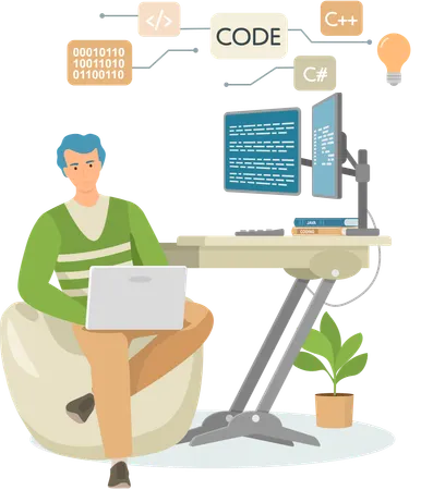 Programador masculino trabajando en desarrollo web en una computadora portátil  Ilustración