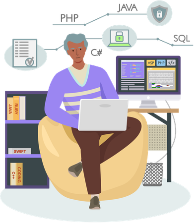Programador masculino trabajando en una plantilla web  Ilustración