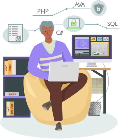 Programador masculino trabajando en una plantilla web  Ilustración