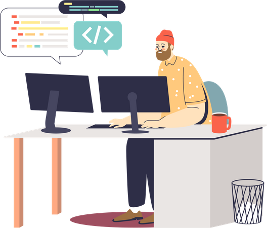 Programador no local de trabalho codificando e desenvolvendo novo aplicativo  Ilustração