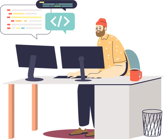 Programador no local de trabalho codificando e desenvolvendo novo aplicativo  Ilustração