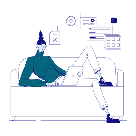 Programador sentado en el sofá con una computadora portátil  Ilustración