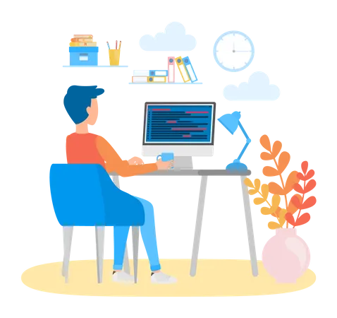 Programador sentado na mesa e trabalhando no computador  Ilustração
